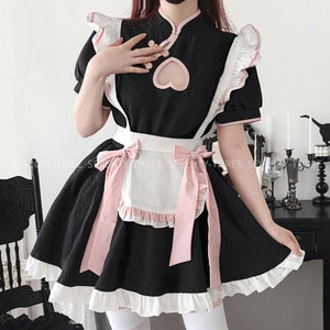 Chinese Lolita Panda Heart Maid Dress - black / S