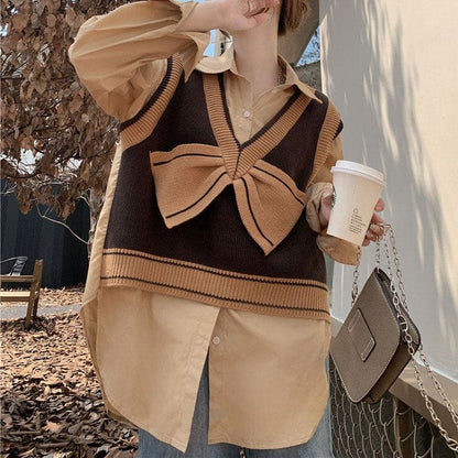 Chocolate Brown Bow Vest - M / Brown - Cardigan