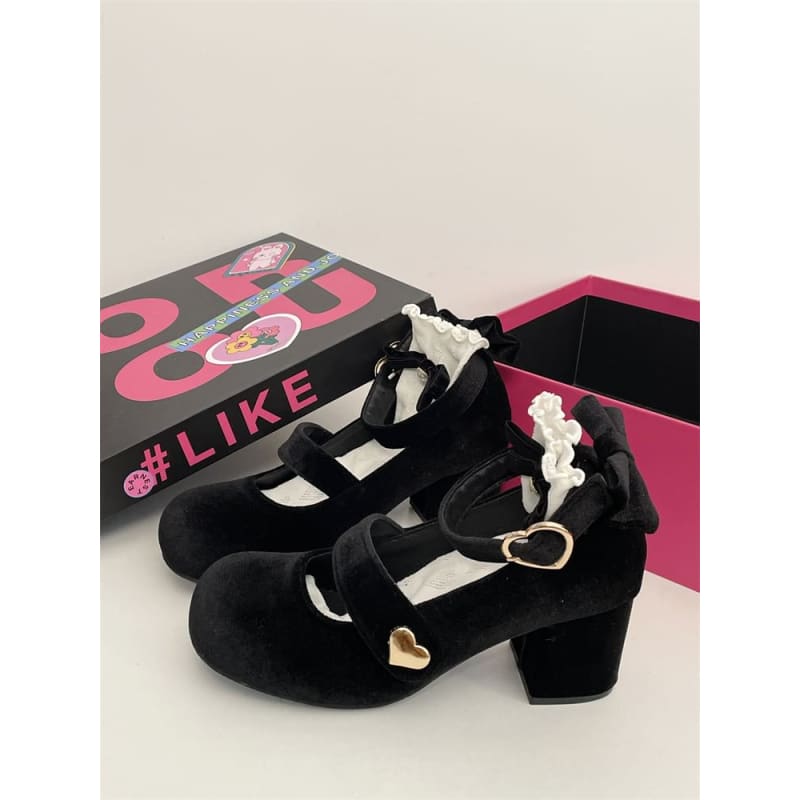 Chunky Heel Ankle Strap Bow Accent Heart Buckled Mary Jane