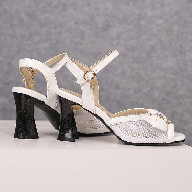 Chunky Heel Ankle Strap Mesh Panel Rhinestone Bow Patent