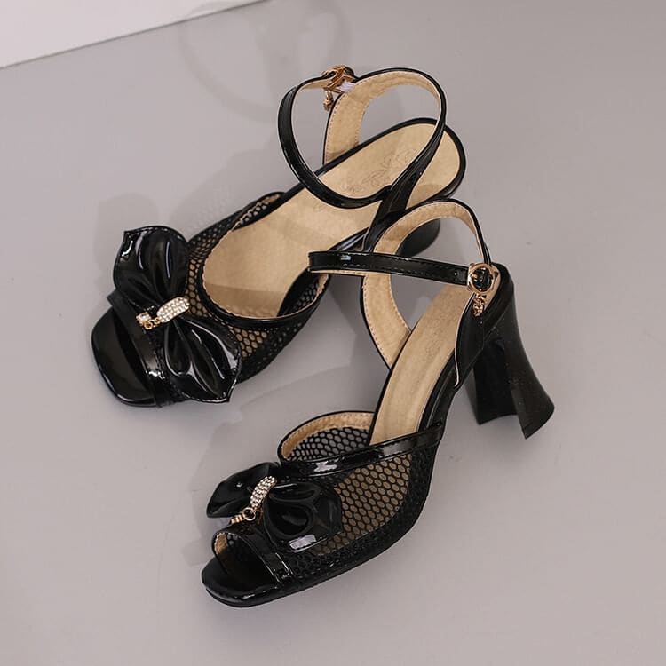 Chunky Heel Ankle Strap Mesh Panel Rhinestone Bow Patent