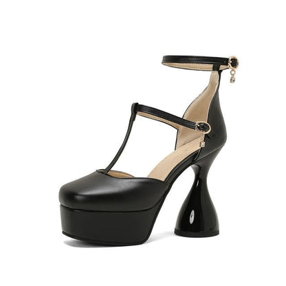 Chunky Heel Ankle Strap Plain Faux Leather D’Orsay