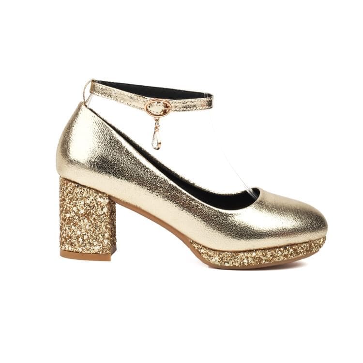 Chunky Heel Ankle Strap Sequin Pumps