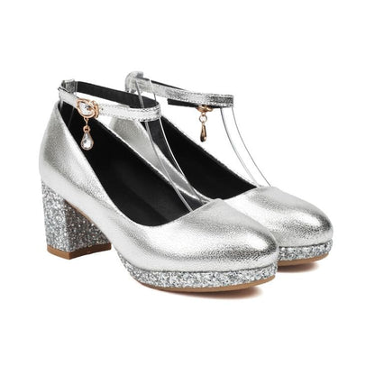 Chunky Heel Ankle Strap Sequin Pumps