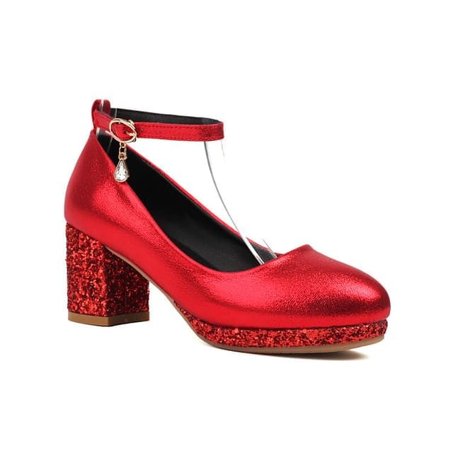 Chunky Heel Ankle Strap Sequin Pumps - Red / 30