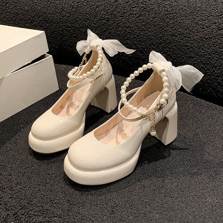 Chunky Heel Faux Pearl Ankle Strap Bow Accent Patent