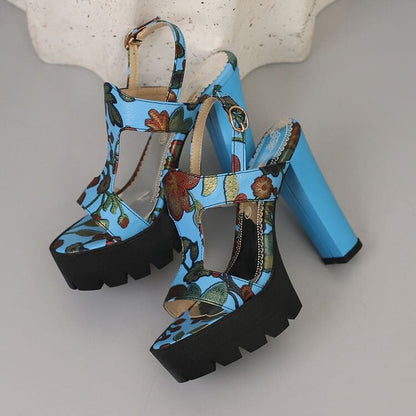 Chunky Heel Floral Print Faux Leather Slingback Sandals