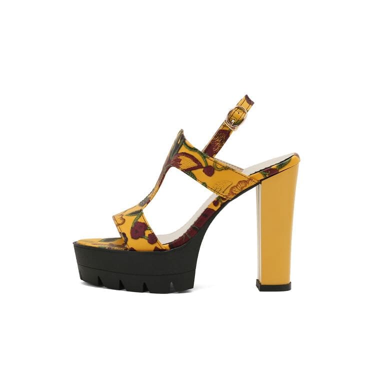 Chunky Heel Floral Print Faux Leather Slingback Sandals