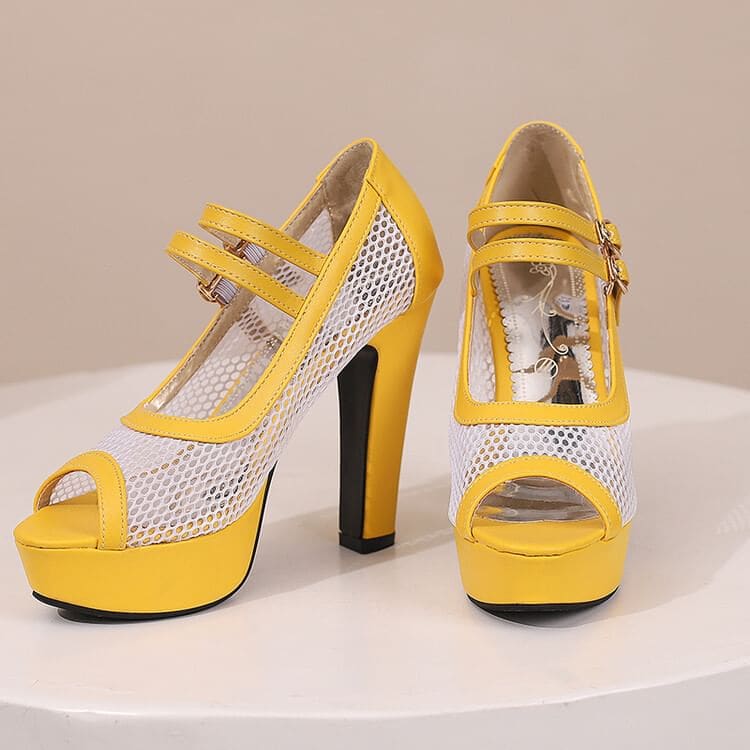 Chunky Heel Peep Toe Mesh Panel Faux Leather Mary Jane