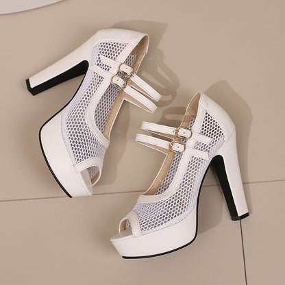 Chunky Heel Peep Toe Mesh Panel Faux Leather Mary Jane