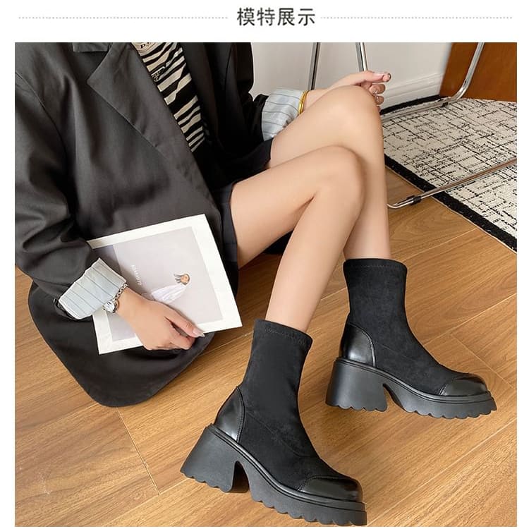 Chunky Heel Plain Faux Leather Panel Short Boots