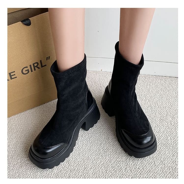 Chunky Heel Plain Faux Leather Panel Short Boots