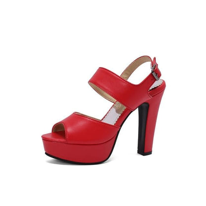 Chunky Heel Plain Faux Leather Sandals - Red / 34