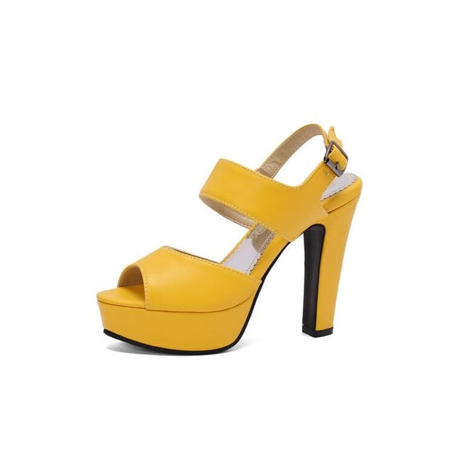 Chunky Heel Plain Faux Leather Sandals - Yellow / 34