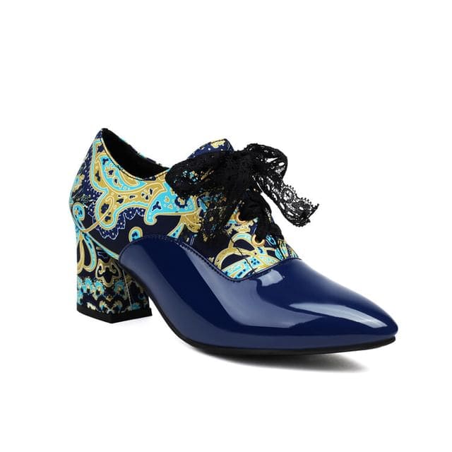 Chunky Heel Pointed Toe Print Panel Lace - Blue / 33