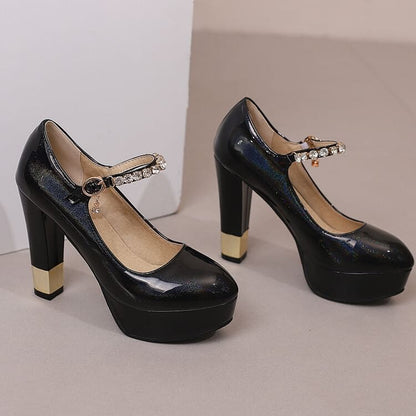 Chunky Heel Rhinestone Accent Patent Leather Mary Jane Pumps