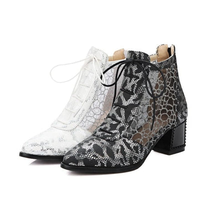 Chunky Heel Snake Skin Print Mesh Panel Lace