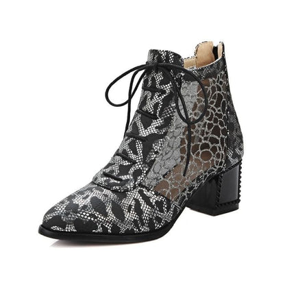 Chunky Heel Snake Skin Print Mesh Panel Lace - Black / 31