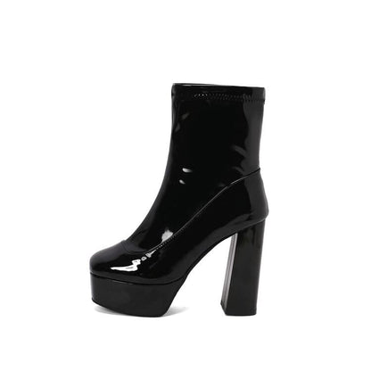 Chunky Heel Square Toe Plain Patent Short Boots