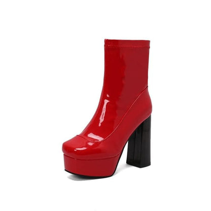 Chunky Heel Square Toe Plain Patent Short Boots - Red / 35