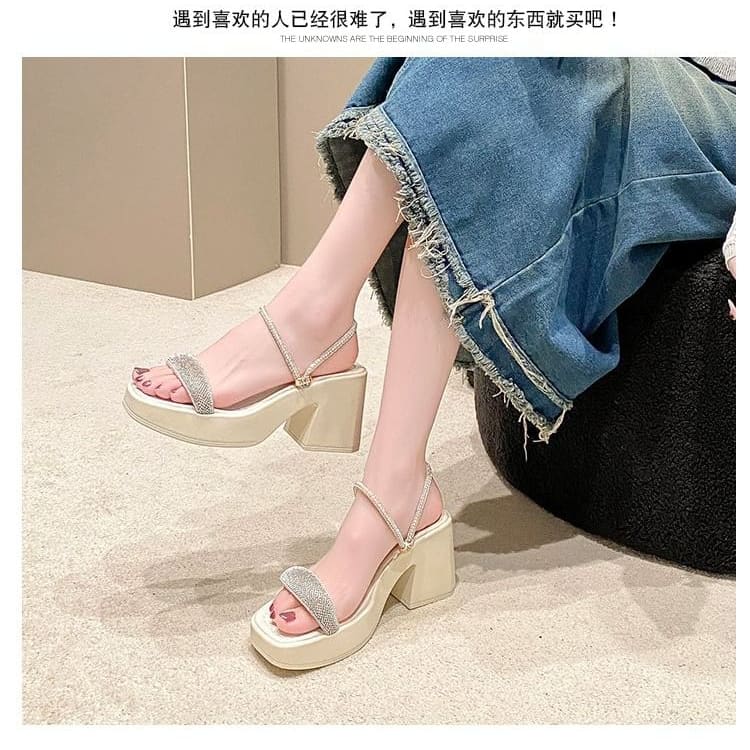 Chunky Heel Square Toe Rhinestone Strap Sandals