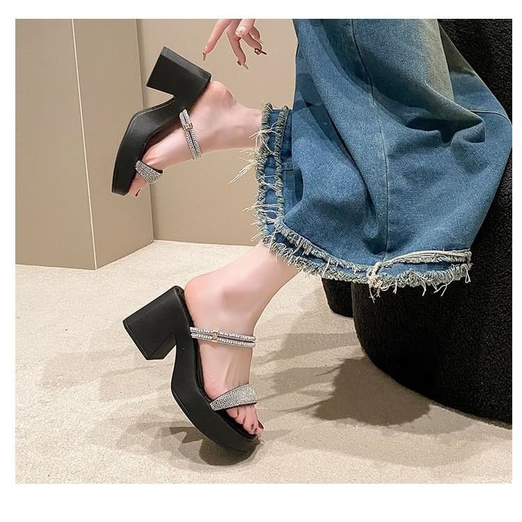 Chunky Heel Square Toe Rhinestone Strap Sandals