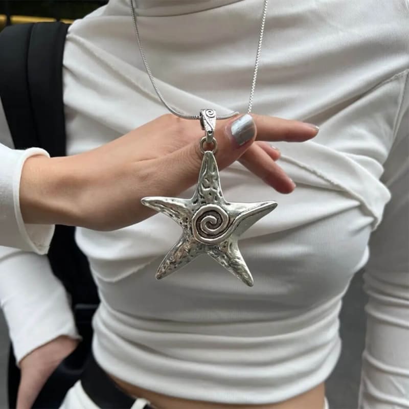 Chunky Starfish Pendant Necklace - Standart / Silver