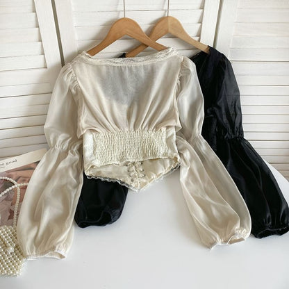 Cinched Sleeve Square Neck Plain Lace Up Panel Lace Blouse