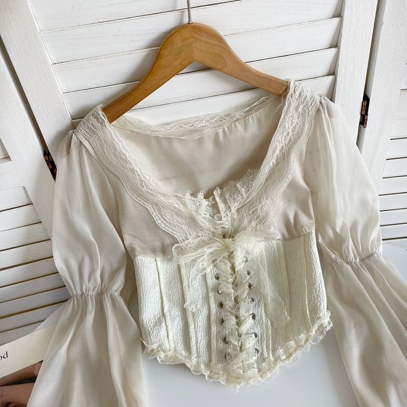 Cinched Sleeve Square Neck Plain Lace Up Panel Lace Blouse