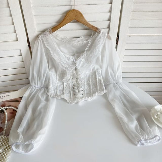 Cinched Sleeve Square Neck Plain Lace Up Panel Lace Blouse