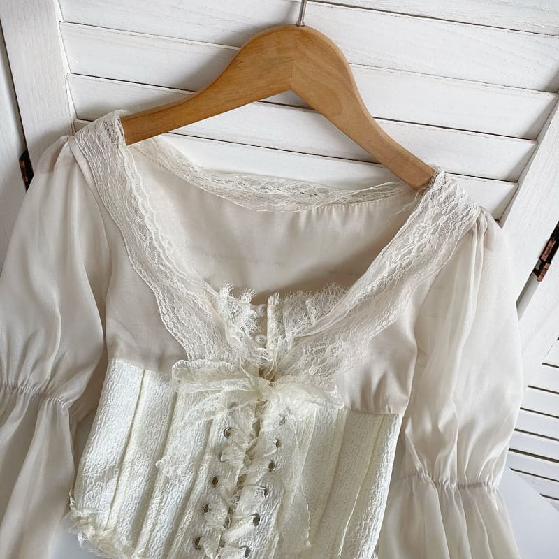 Cinched Sleeve Square Neck Plain Lace Up Panel Lace Blouse