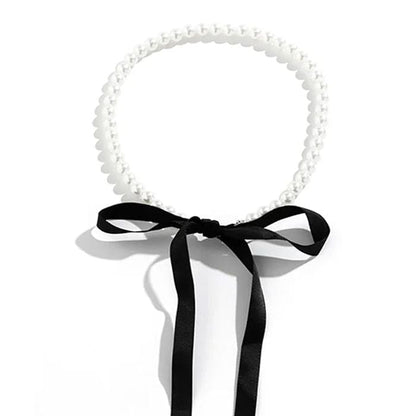 Classic Bow Pearl Necklace - Standart / White/black