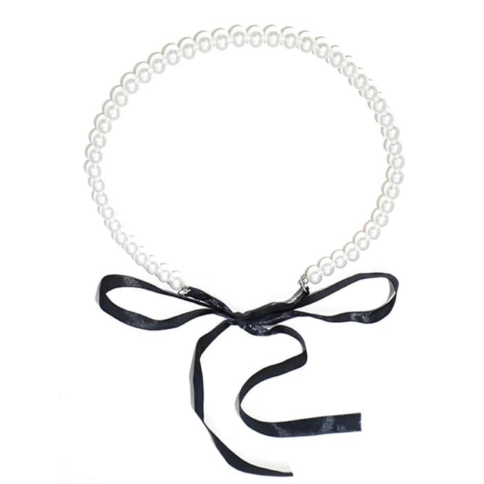 Classic Bow Pearl Necklace - Standart / White/black