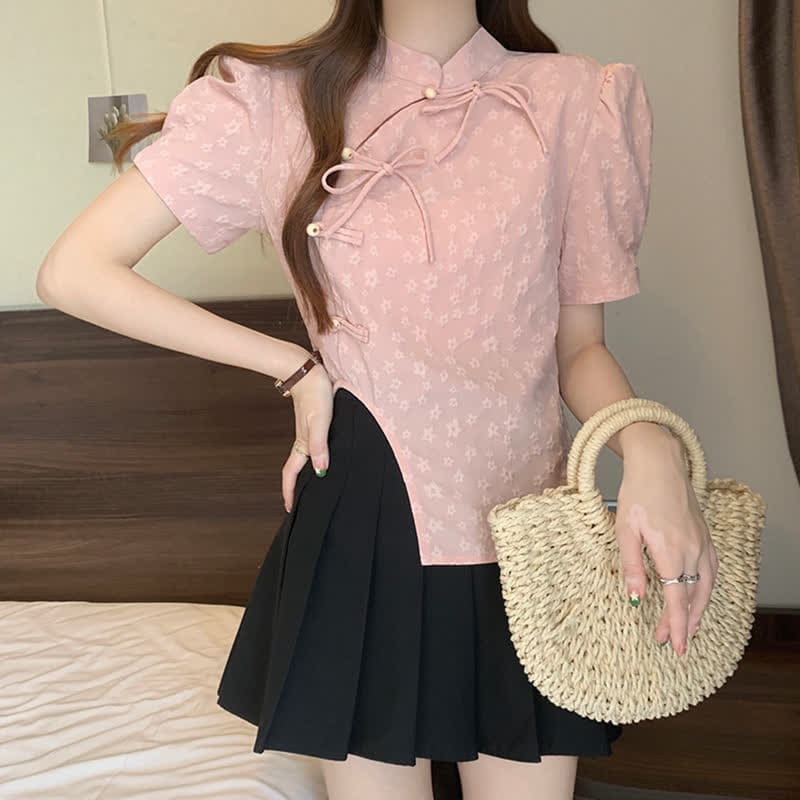 Classic Buckle Puff Sleeve Irregular Split T-Shirt