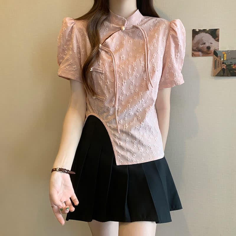 Classic Buckle Puff Sleeve Irregular Split T-Shirt