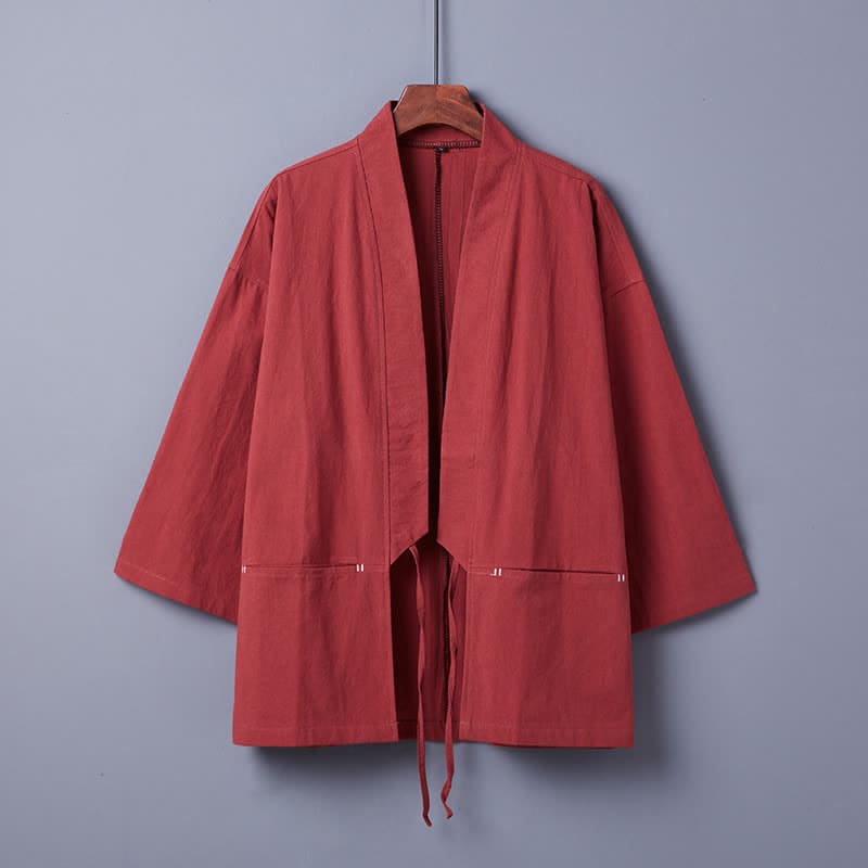 Classic Pure Color Pocketed Casual Cardigan Outerwear - Red