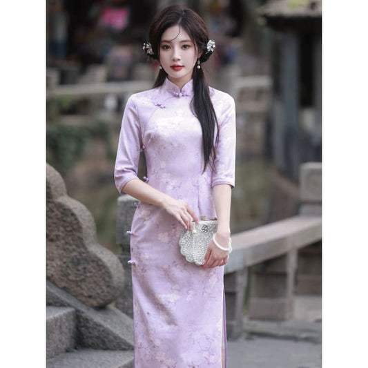 Classic Purple Floral Cheongsam - S - Female Hanfu