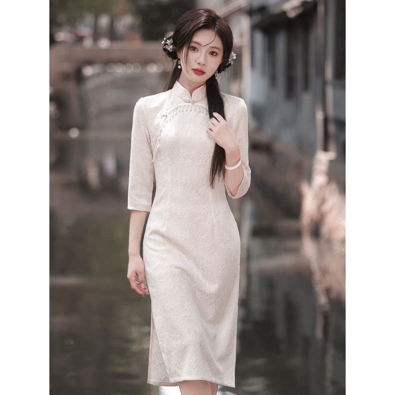 Classic Textured Long Sleeve Cheongsam - S / Long Sleeve