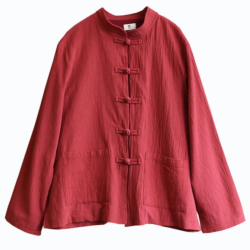 Classical Button Front Pocket Loose Overshirt - Brick Red