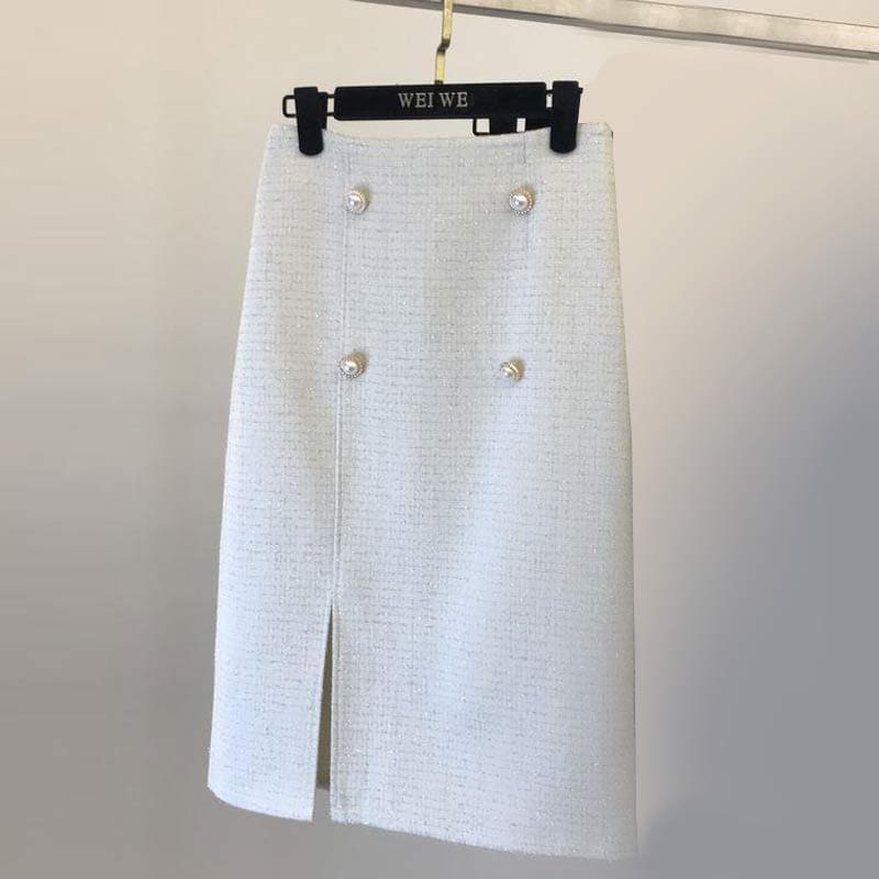 Classy Button Front Split Skirt - White / S