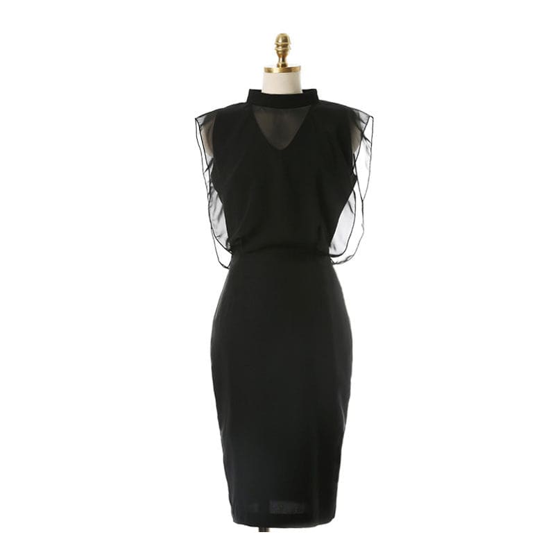 Classy Elegant Mesh Black Dress - Black / S