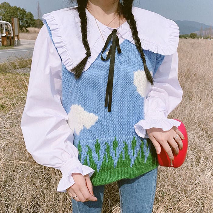 Cloud Sky Grassland Knit Vest - Free Size / Blue - Vest