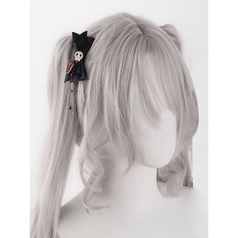 Coffin Black Skull Bowknot with Red Bwads Hairclip - Black