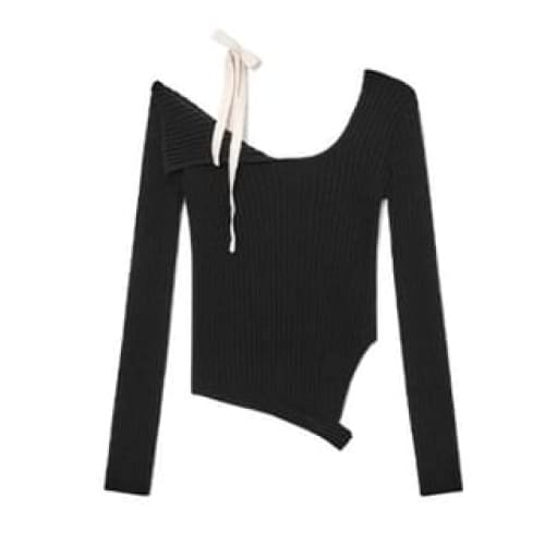 Cold Shoulder Plain Knit Top - Black / S