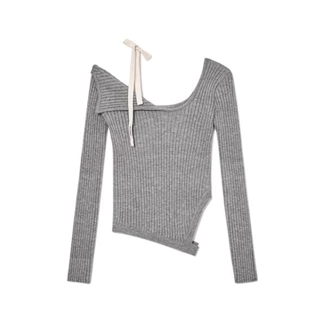 Cold Shoulder Plain Knit Top - Gray / S