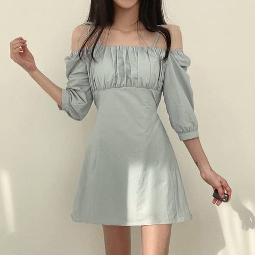 Cold-Shoulder Plain Mini A-Line Dress