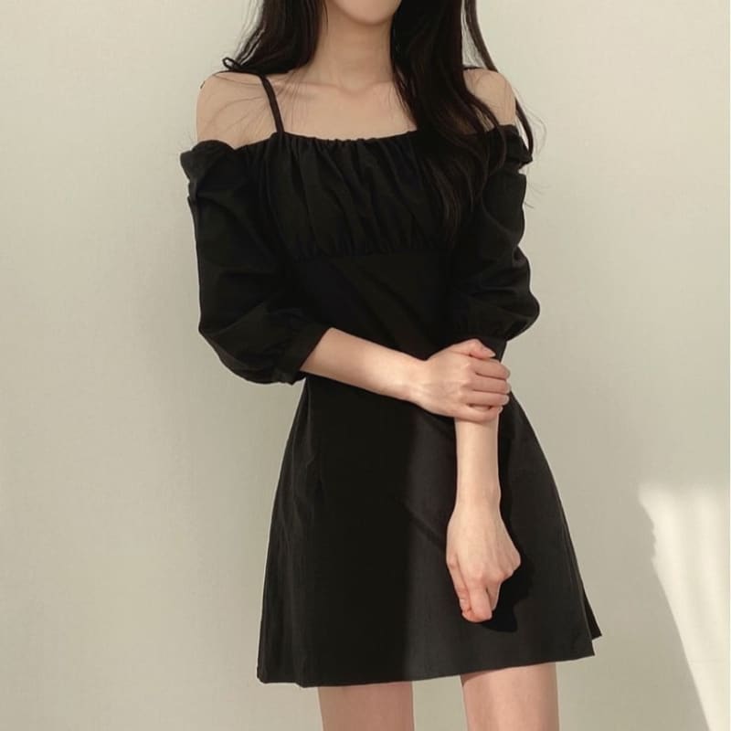 Cold-Shoulder Plain Mini A-Line Dress