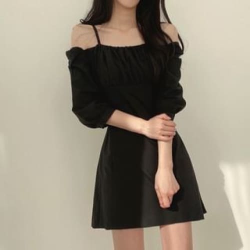 Cold-Shoulder Plain Mini A-Line Dress - Black / One Size