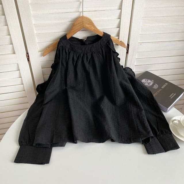 Cold-Shoulder Plain Ruffle Blouse - Black / One Size