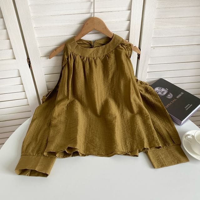 Cold-Shoulder Plain Ruffle Blouse - Dark Brown / One Size